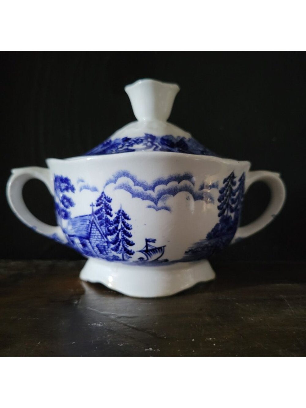 Vtg Landscape Blue By Arabia Of Finland Blue & White Sugar Bowl Dual Handles